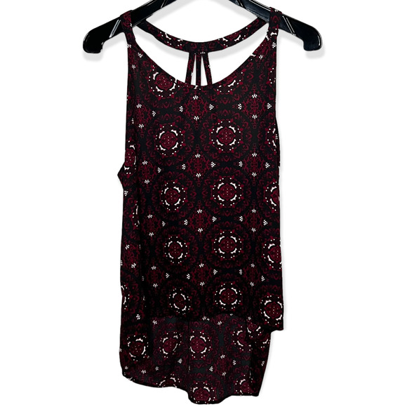 Paper Crane Tops - Paper Crane Red Black Mandala Pattern High-Low Hem Strappy Racerback Tank Size L